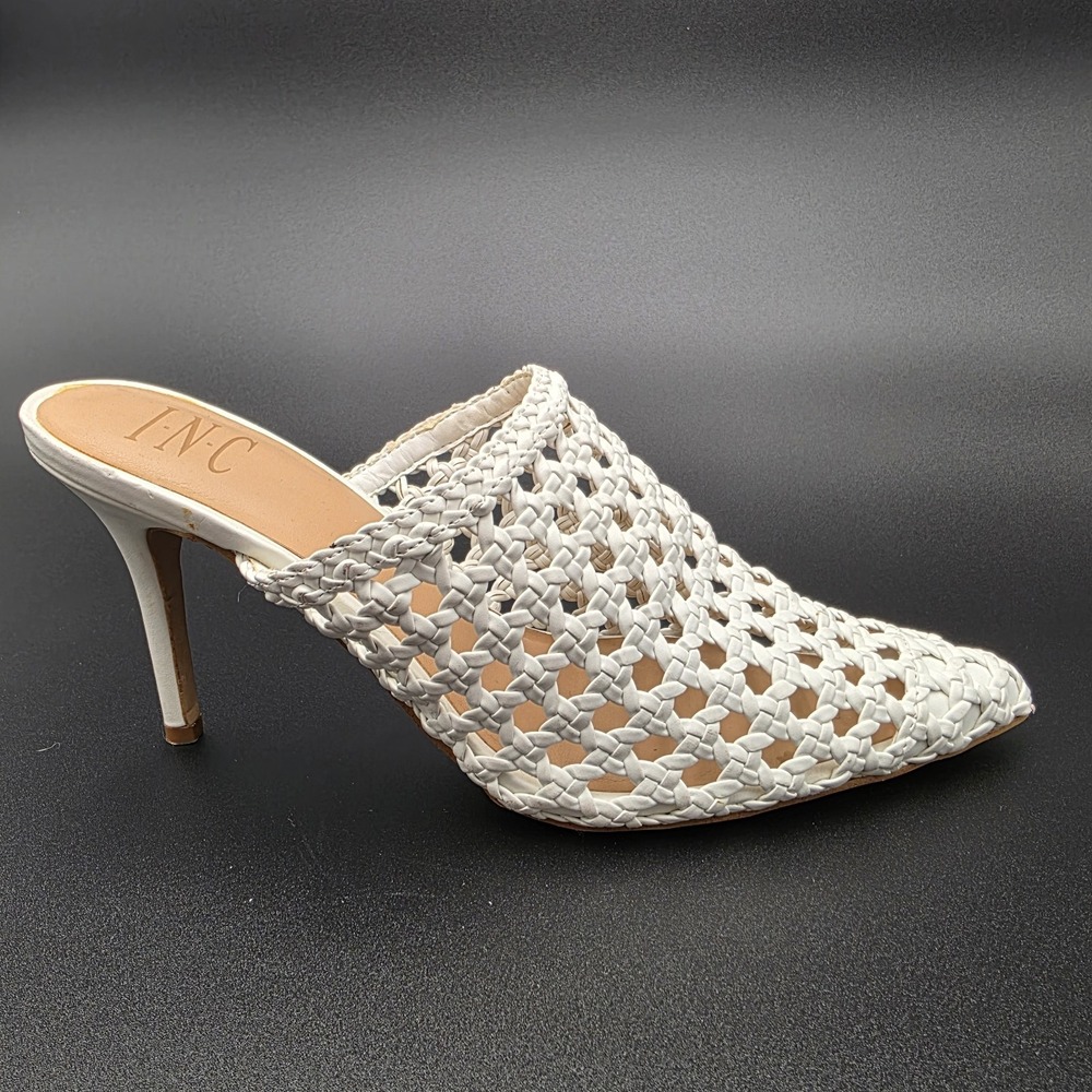 INC Celestia Mule Heels Women Size 8M White Slip-on Woven Pointed Eyelet Shoes